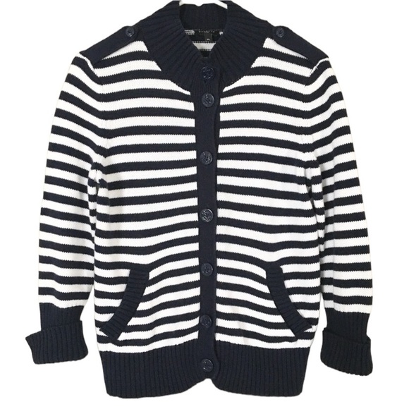 Talbots Women's Mock Neck Nautical Striped Button Up Sweater - Picture 2 of 12